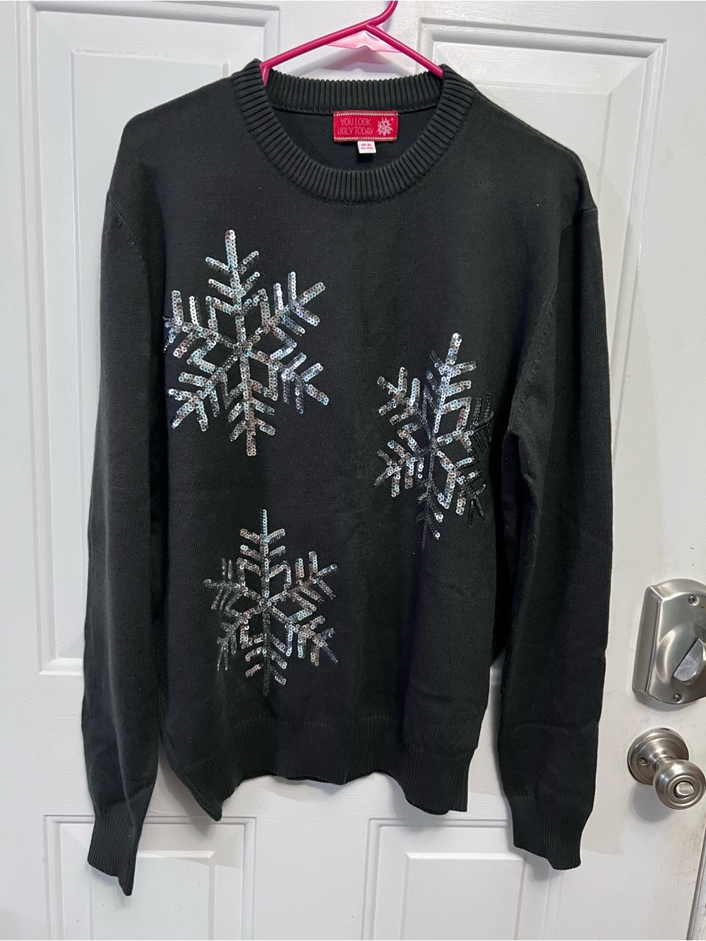 You Look Ugly Today  XL dark gray Christmas Sweater Silver Sequin Snowflakes